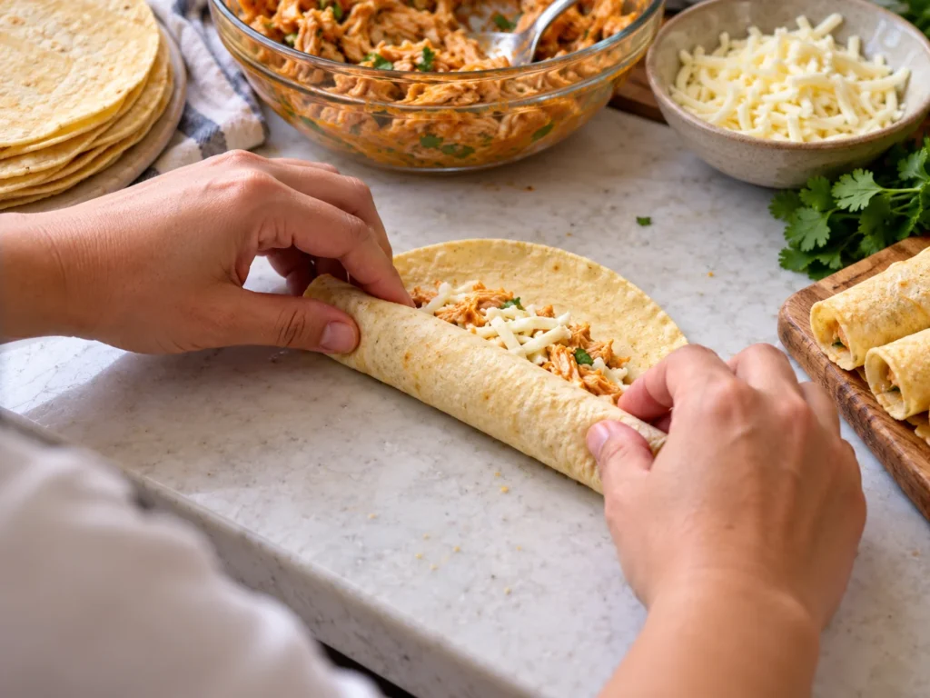 Rolling the antojito into a tight cylinder.