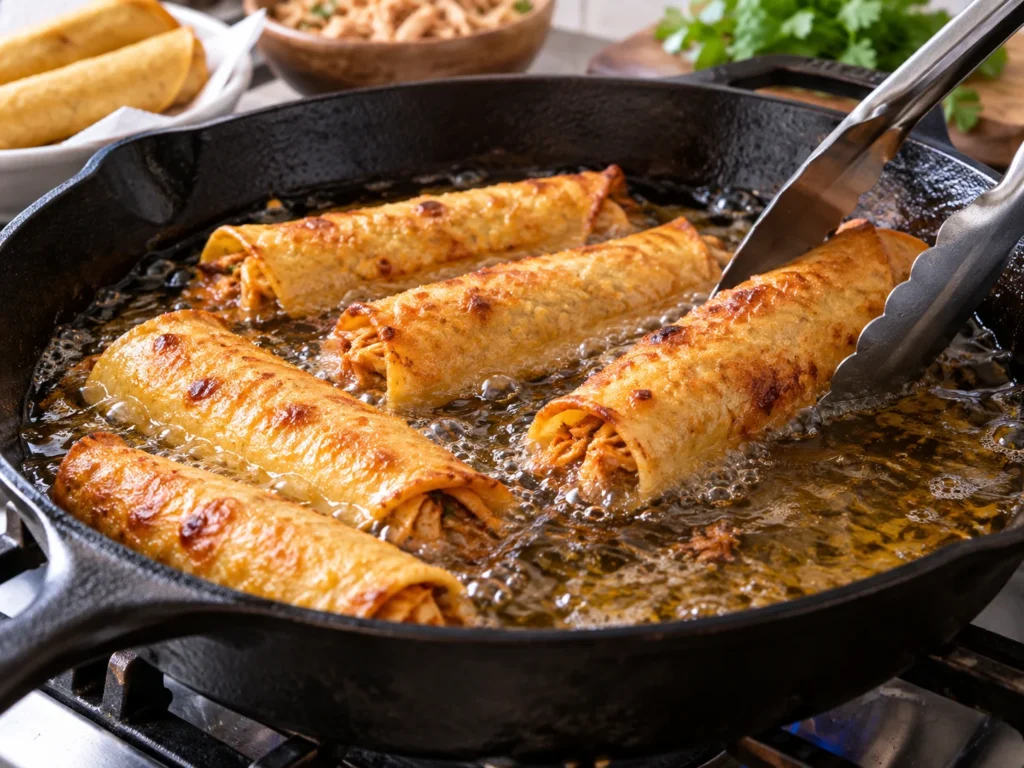 Shallow frying the antojitos in a skillet.