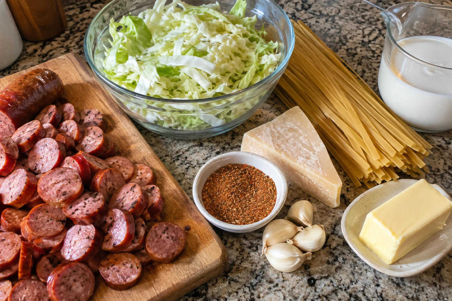 Ingredients for Cajun Sausage Cabbage Alfredo: smoked sausage, shredded cabbage, fettuccine, heavy cream, Parmesan cheese and Cajun spices on a kitchen counter
