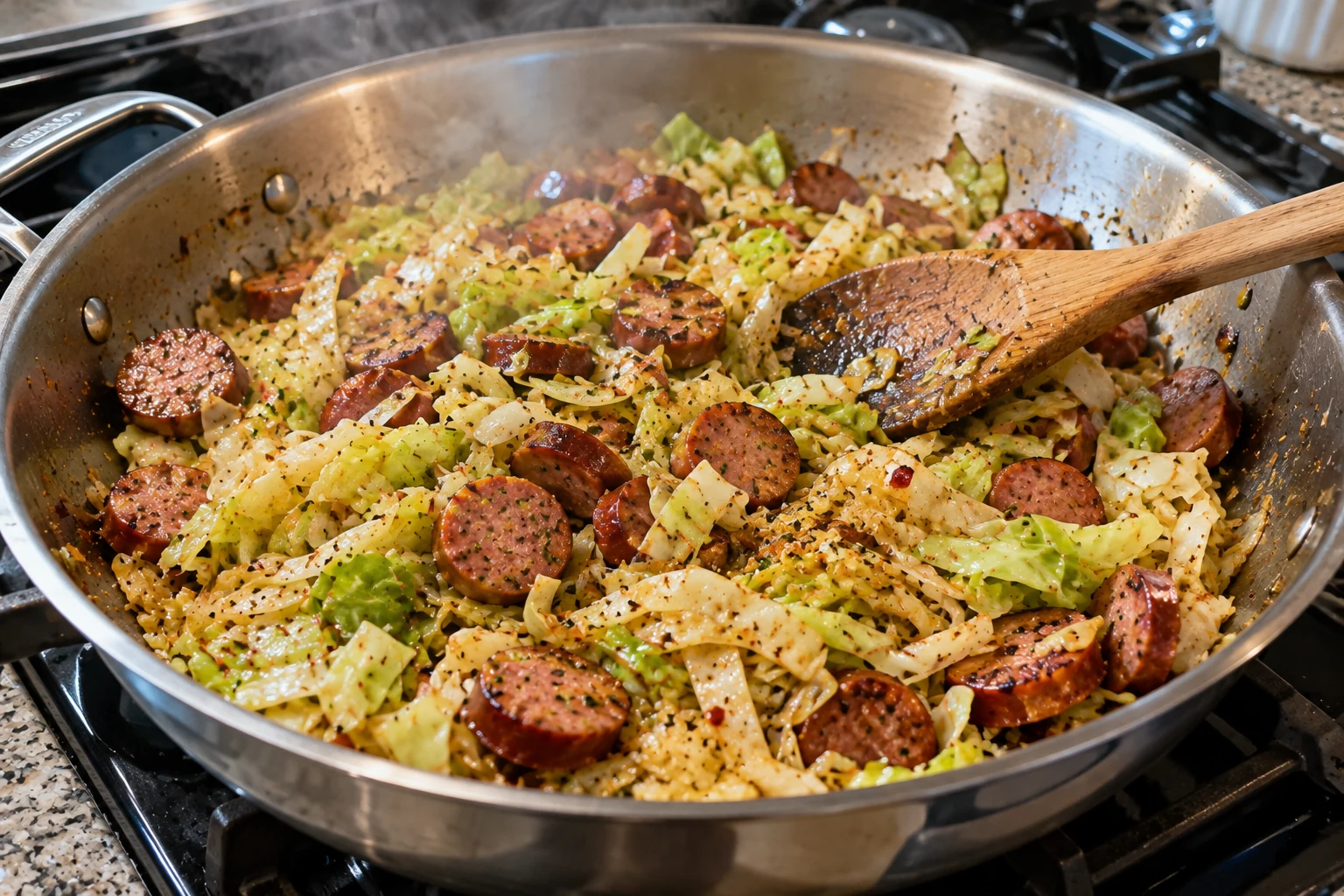 Sliced smoked sausage and shredded cabbage cooking down in a large skillet with Cajun seasoning
