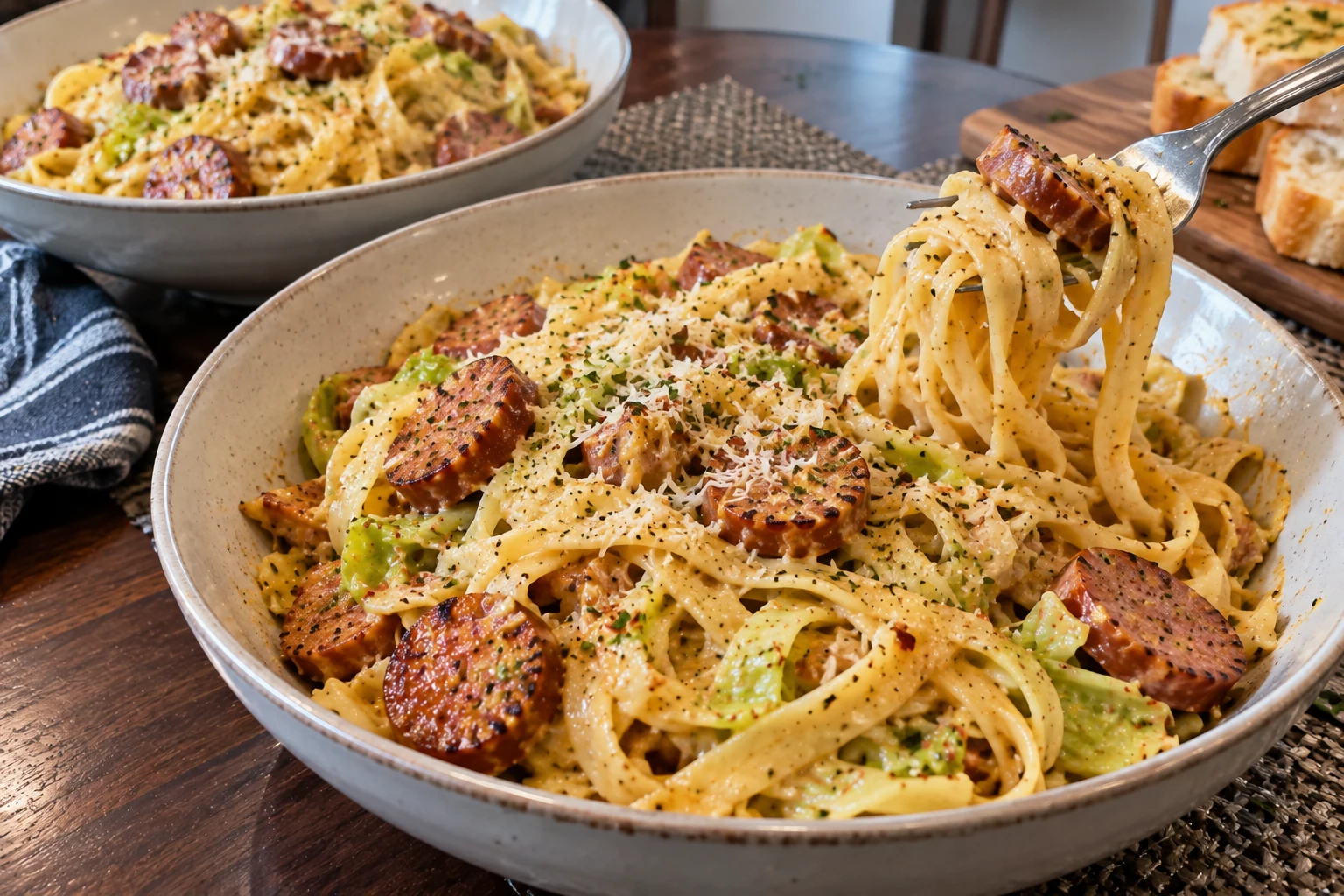 Bowls of Cajun Sausage Cabbage Alfredo served family-style with grated Parmesan, fresh parsley and crusty bread