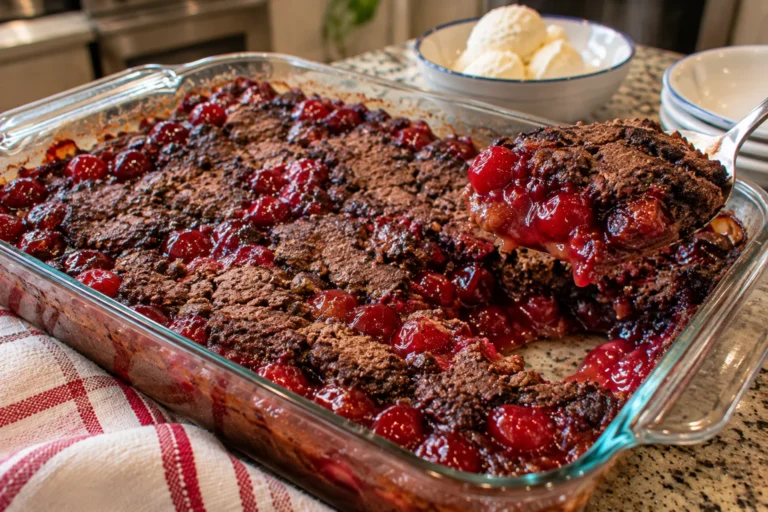 Chocolate cherry dump cake bubbling in a baking dish with a scoop taken out