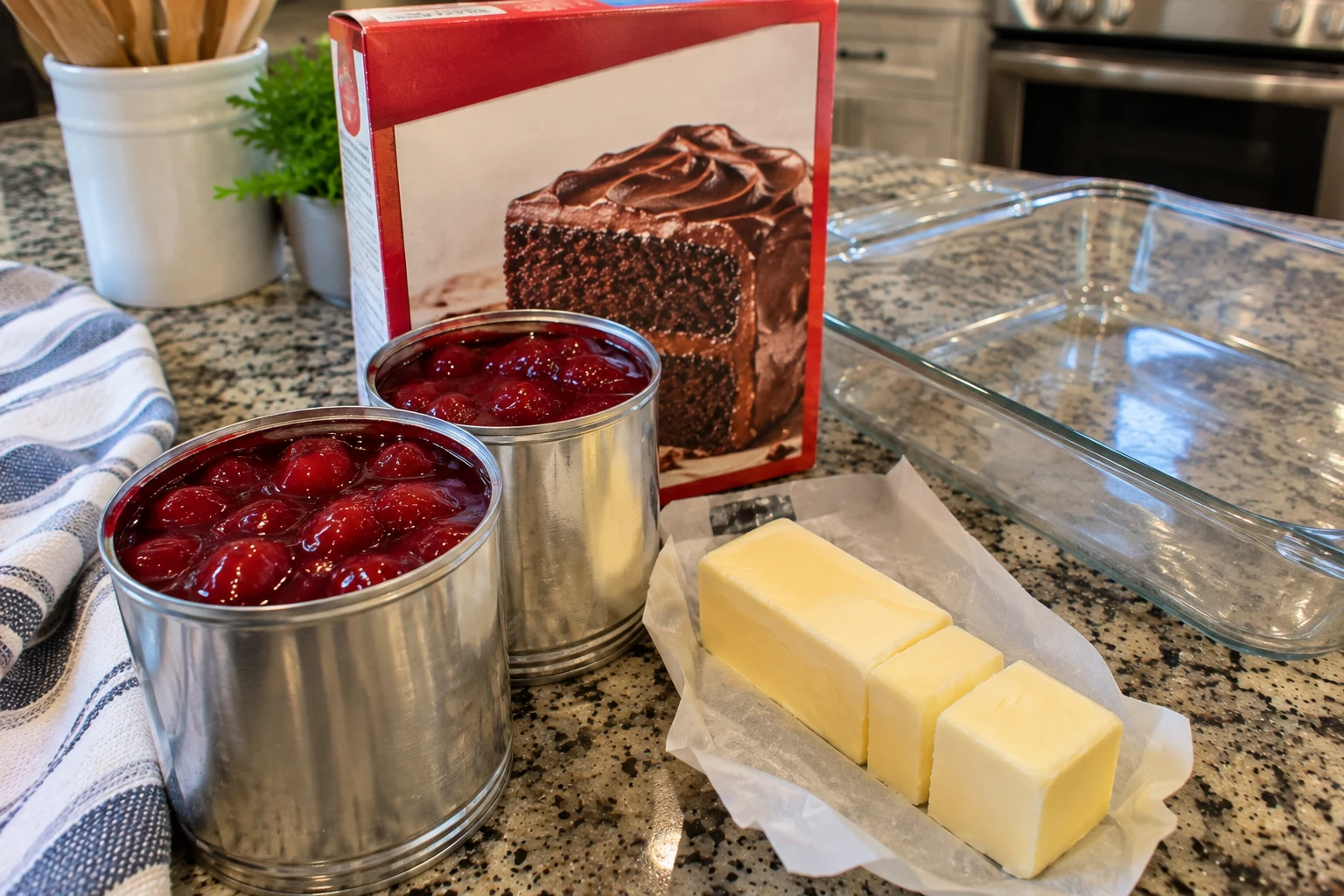 Ingredients for chocolate cherry dump cake laid out on a kitchen counter