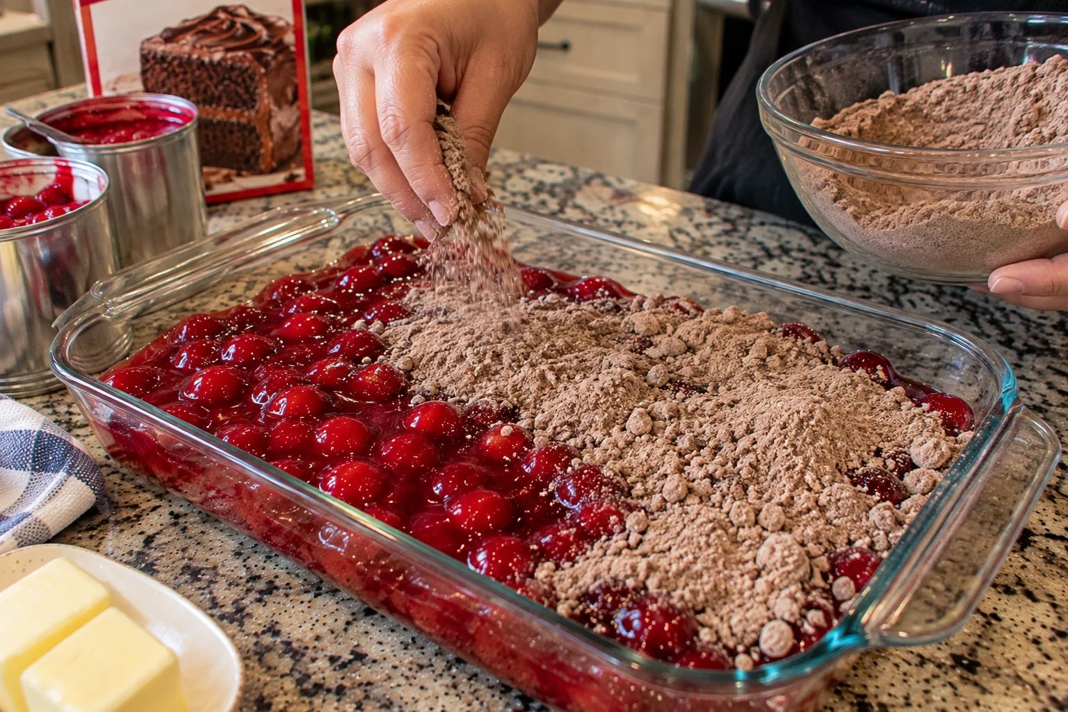Layering cherry pie filling, chocolate cake mix, and melted butter in a baking dish
