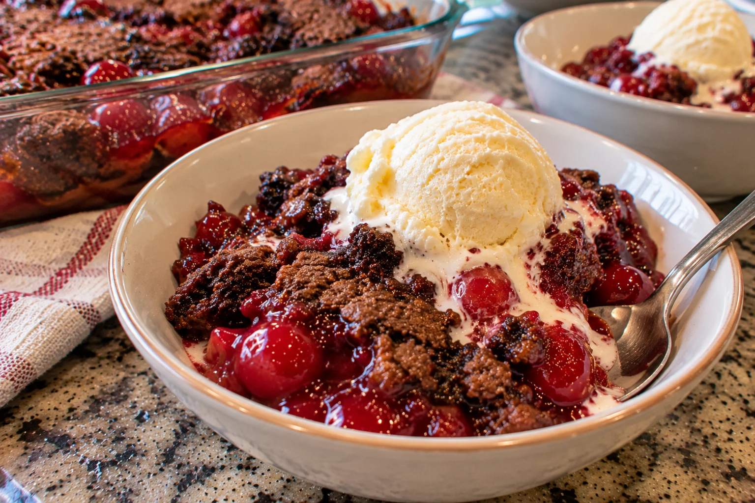 A warm serving of chocolate cherry dump cake topped with vanilla ice cream