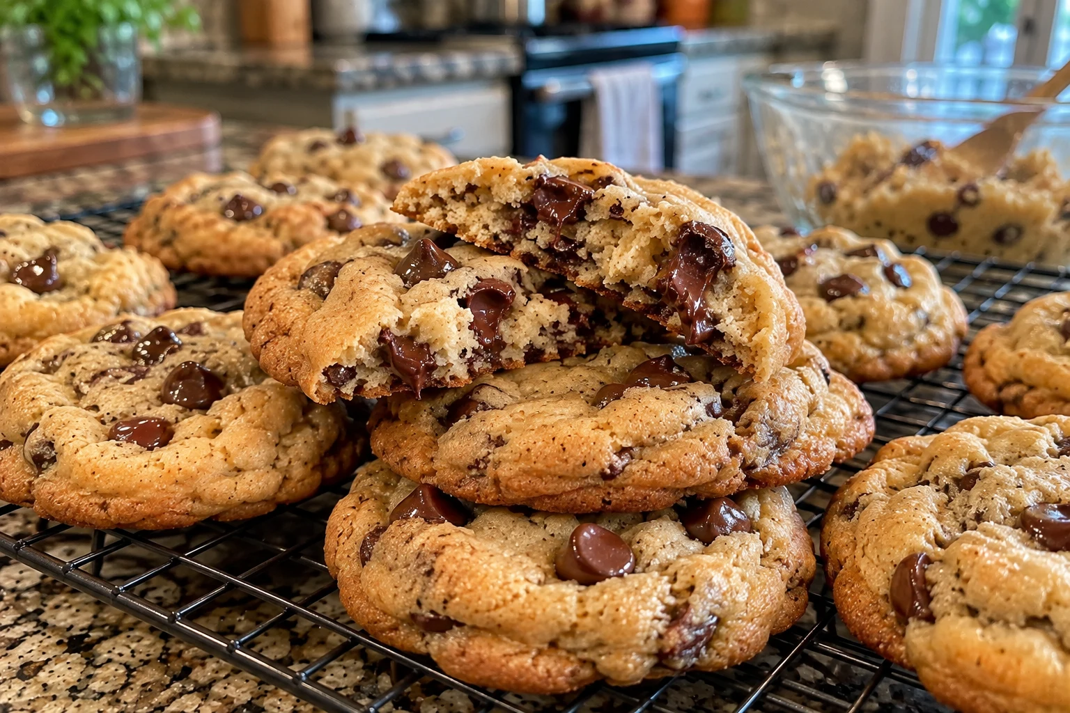 Stack of soft and chewy cream chocolate chip cookies with melty chocolate centers