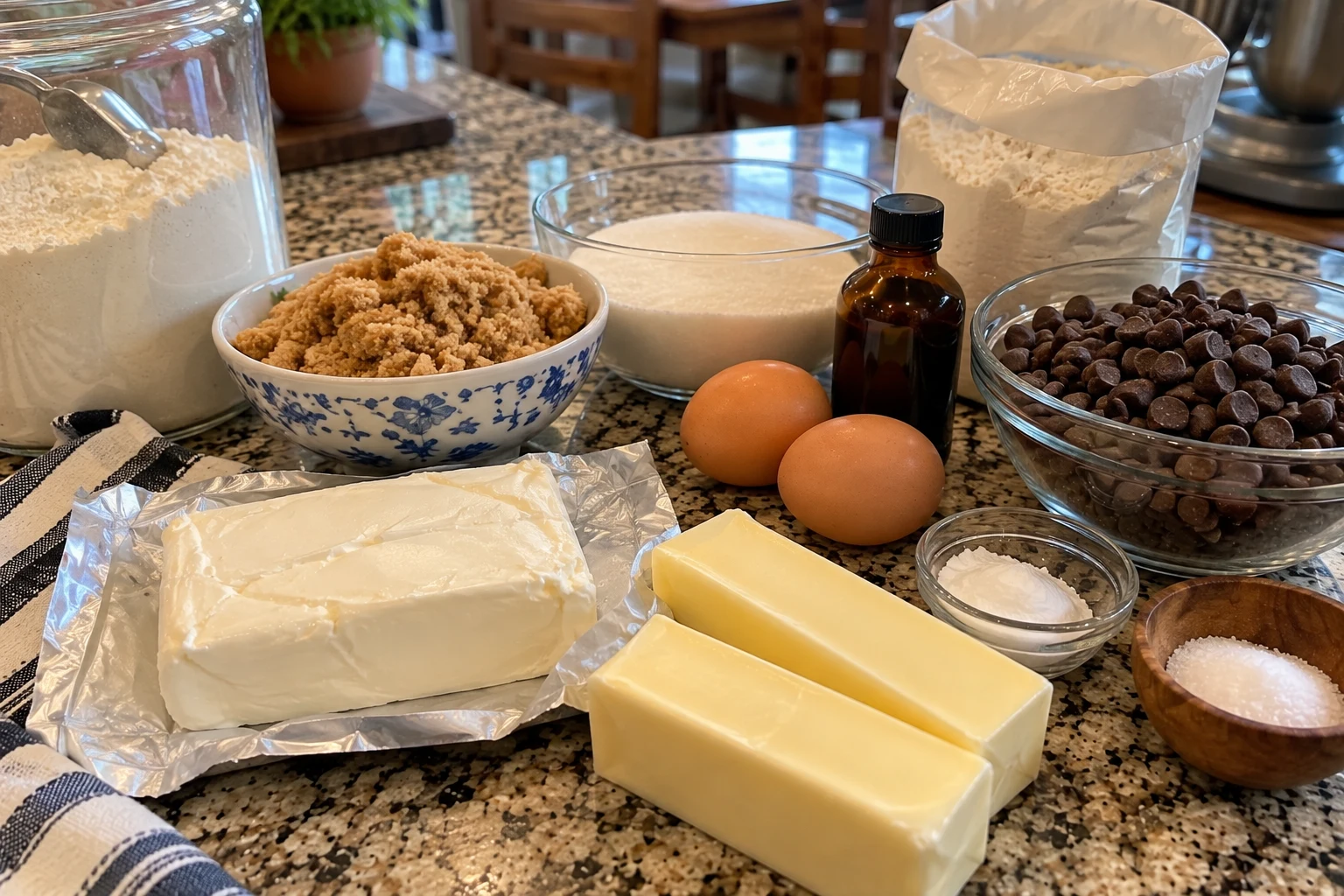Ingredients for cream chocolate chip cookies laid out on a kitchen counter