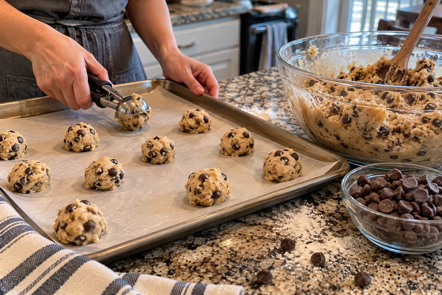 Scooping cream cheese chocolate chip cookie dough onto a baking sheet