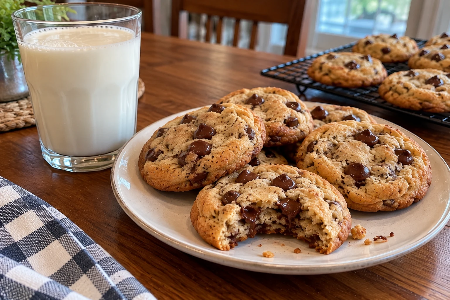 Cream chocolate chip cookies served on a plate with a glass of milk