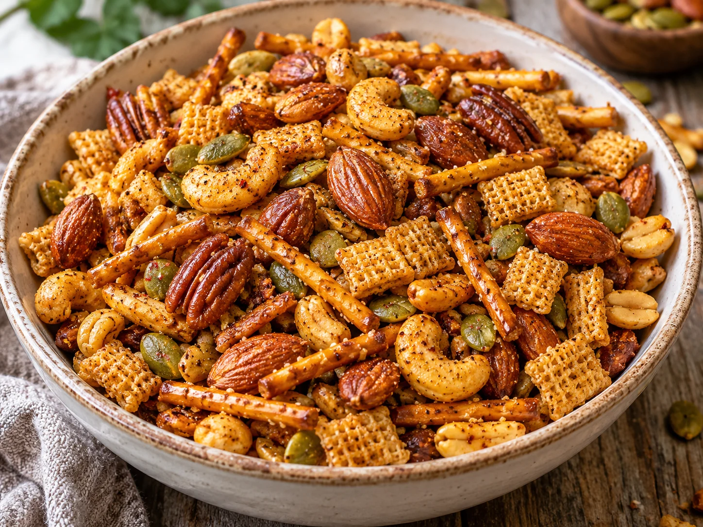 A ceramic bowl filled with golden-brown crunchy spicy nutty snack mix featuring mixed nuts, pretzels, and cereal squares.