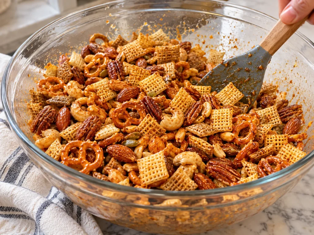 Tossing the cereal, nuts, and pretzels with the spicy butter glaze in a large mixing bowl.
