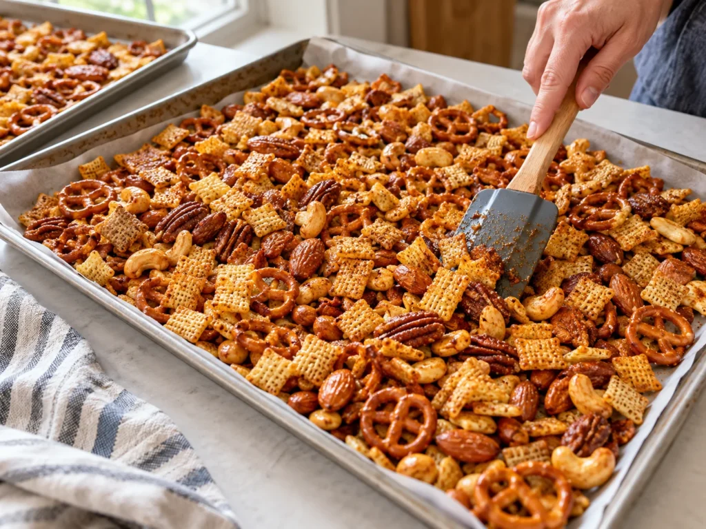 Airtight glass jar filled with homemade crunchy spicy nutty snack mix for storage.