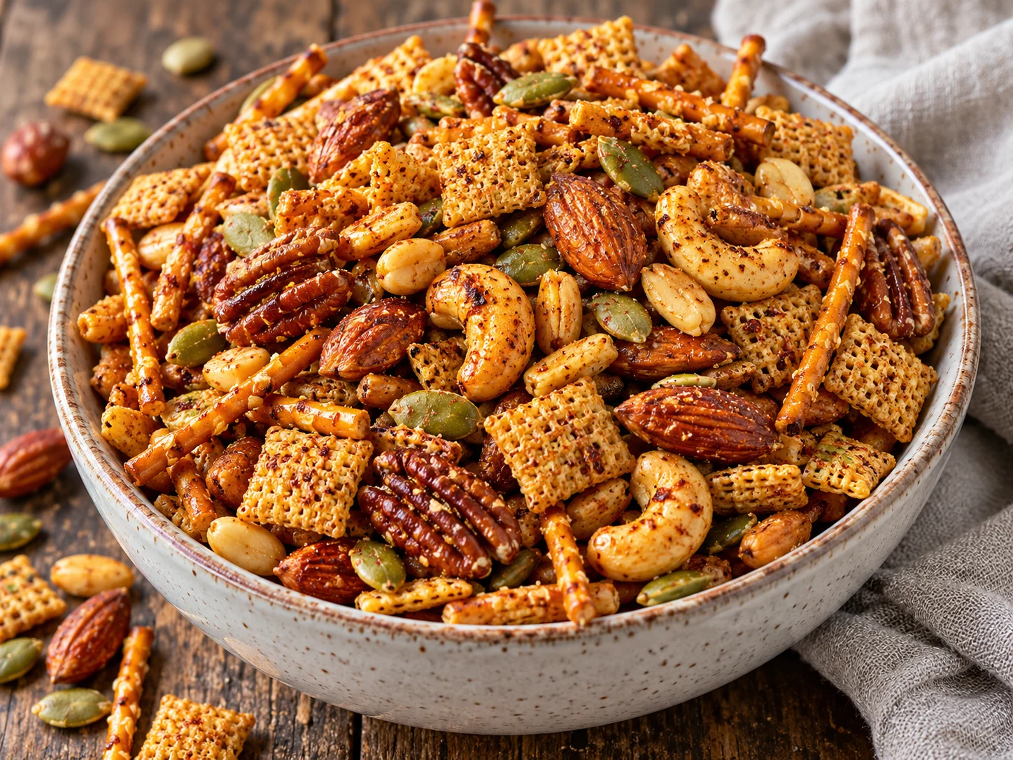 Bowl of crunchy spicy nutty snack mix with almonds, pecans, cashews, pepitas, pretzels, and cereal