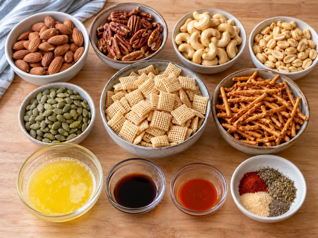 Ingredients for spicy nutty snack mix arranged in small bowls