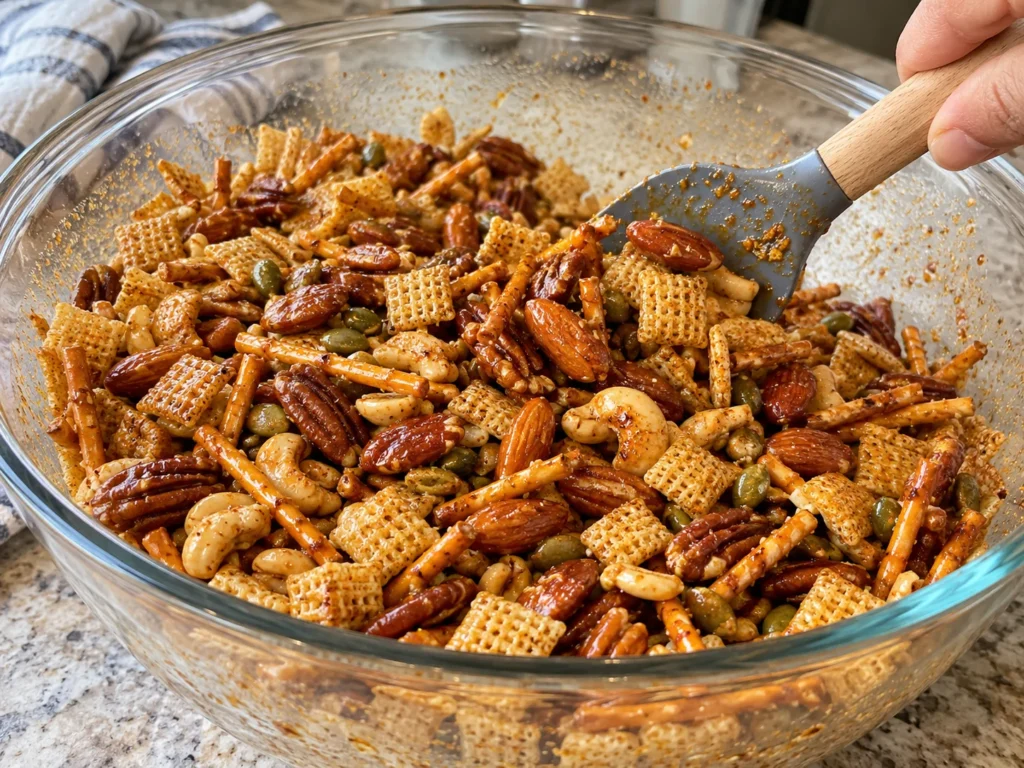 Folding seasoned butter into nuts, pretzels, and cereal in a large bowl