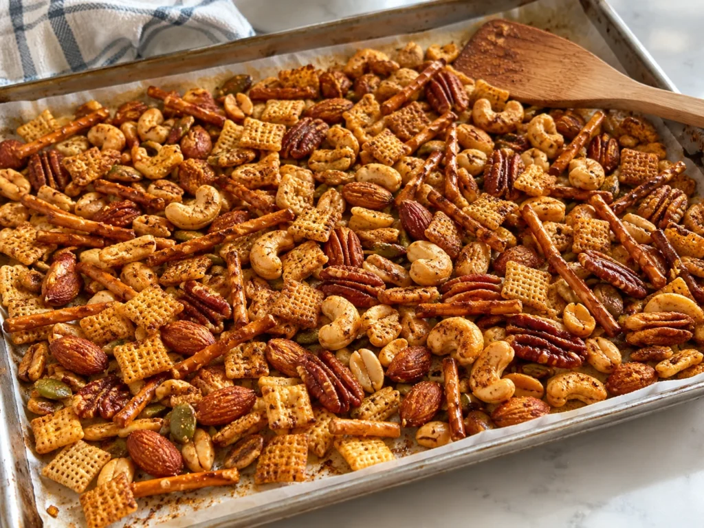 Baked spicy nutty snack mix in a single layer on a baking sheet