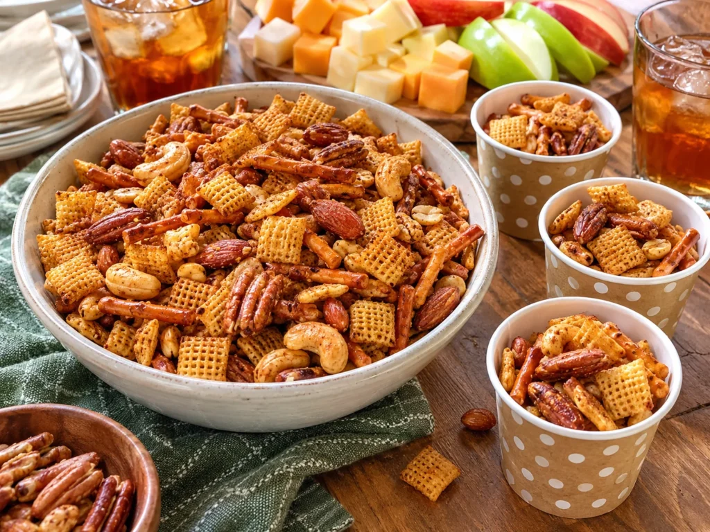 Spicy nutty snack mix served in bowls and cups on a party table