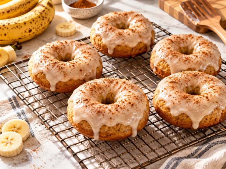 A stack of freshly baked decadent banana donuts with a glossy glaze on a wire rack.