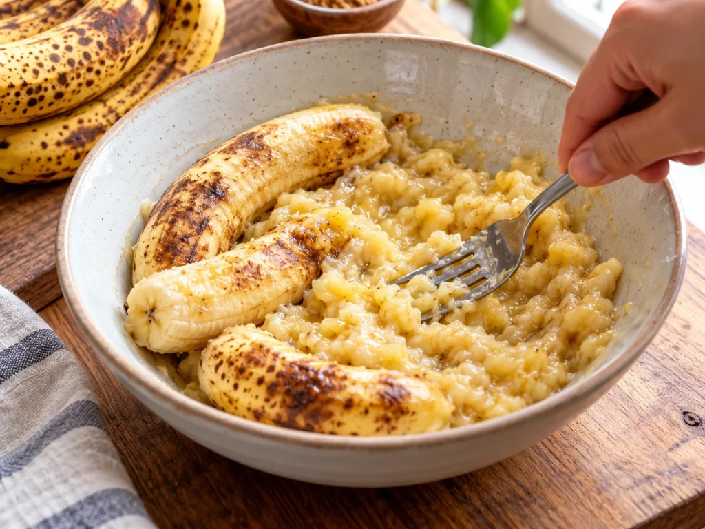 Mashing very ripe, speckled bananas in a glass bowl.
