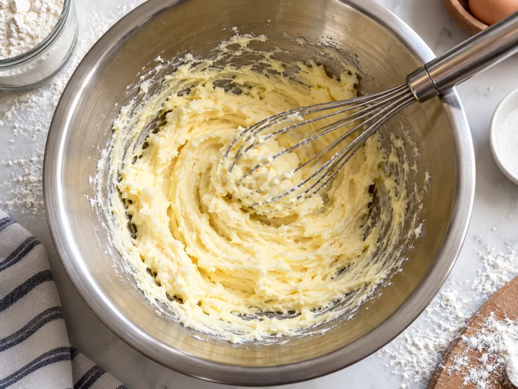 Creamed butter and sugar in a mixing bowl for banana donuts.