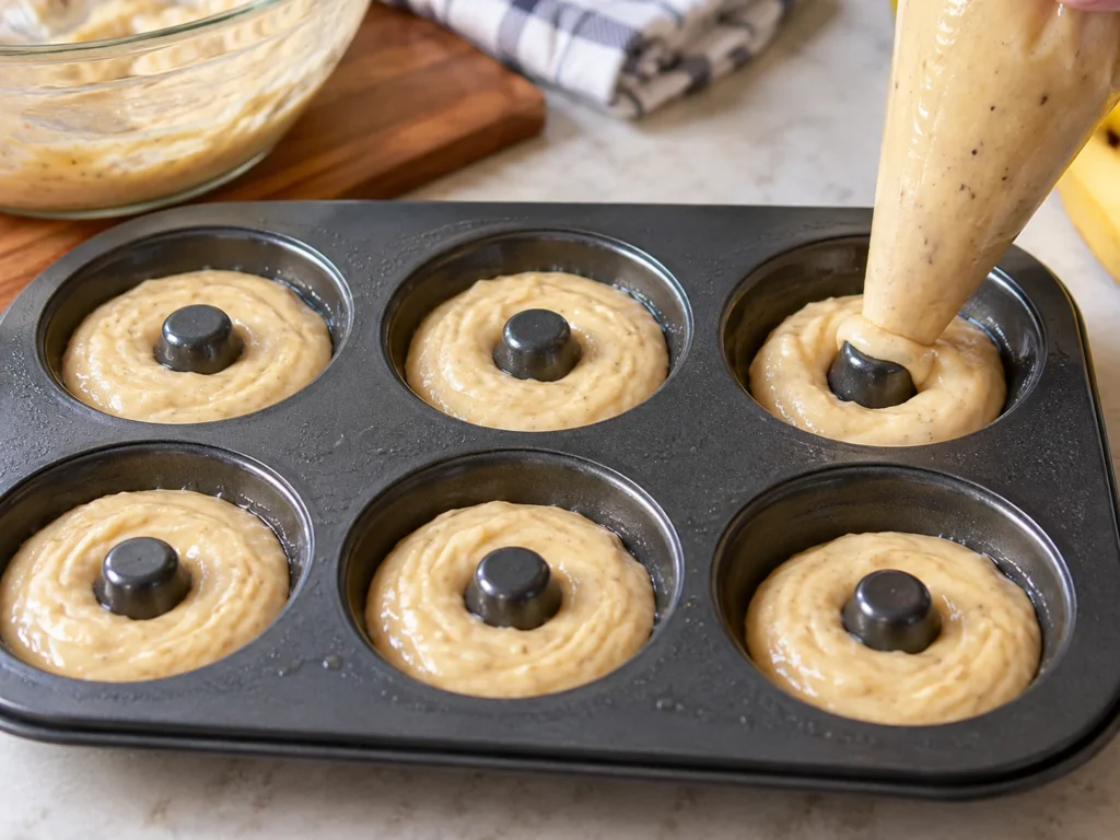 Piping banana donut batter into a greased donut pan.