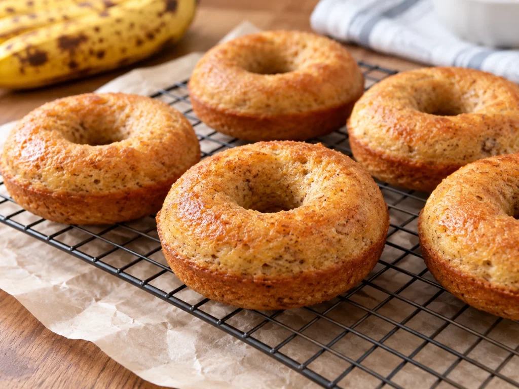 Freshly baked banana donuts resting on a wire cooling rack.