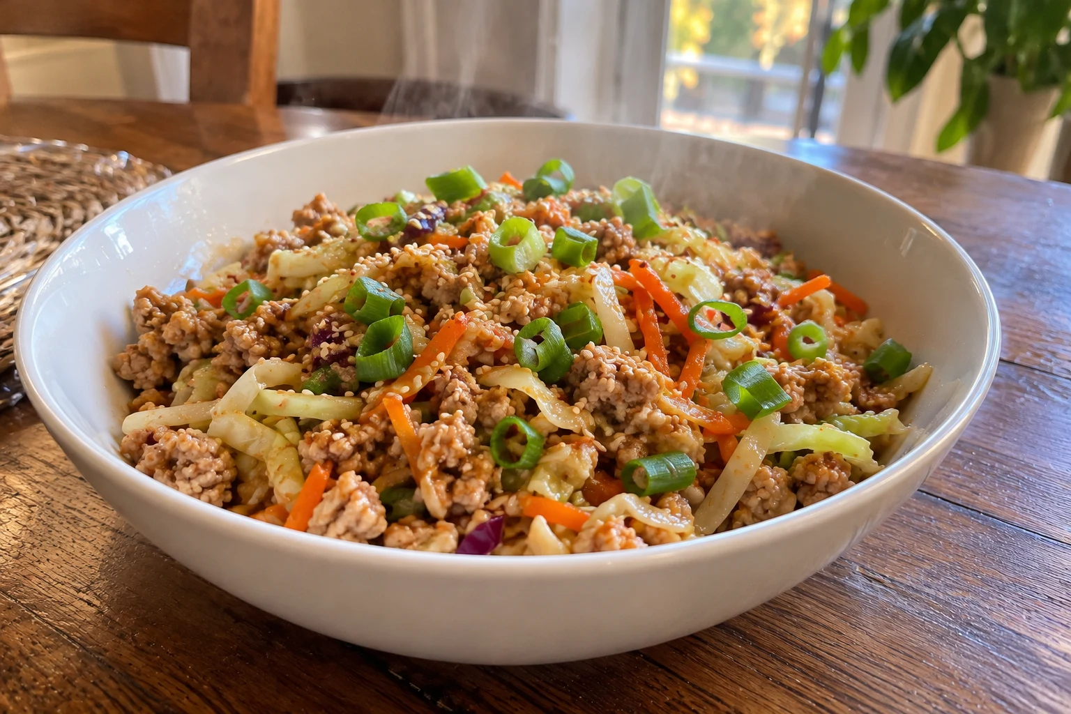 Finished egg roll in a bowl with ground turkey in a skillet