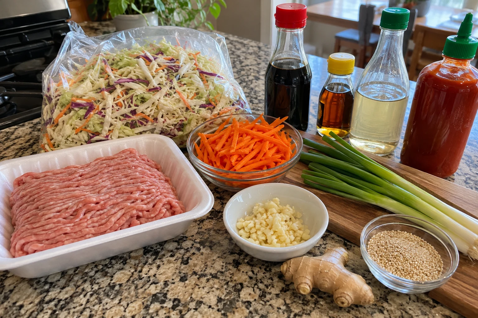 Ingredients for egg roll in a bowl with ground turkey