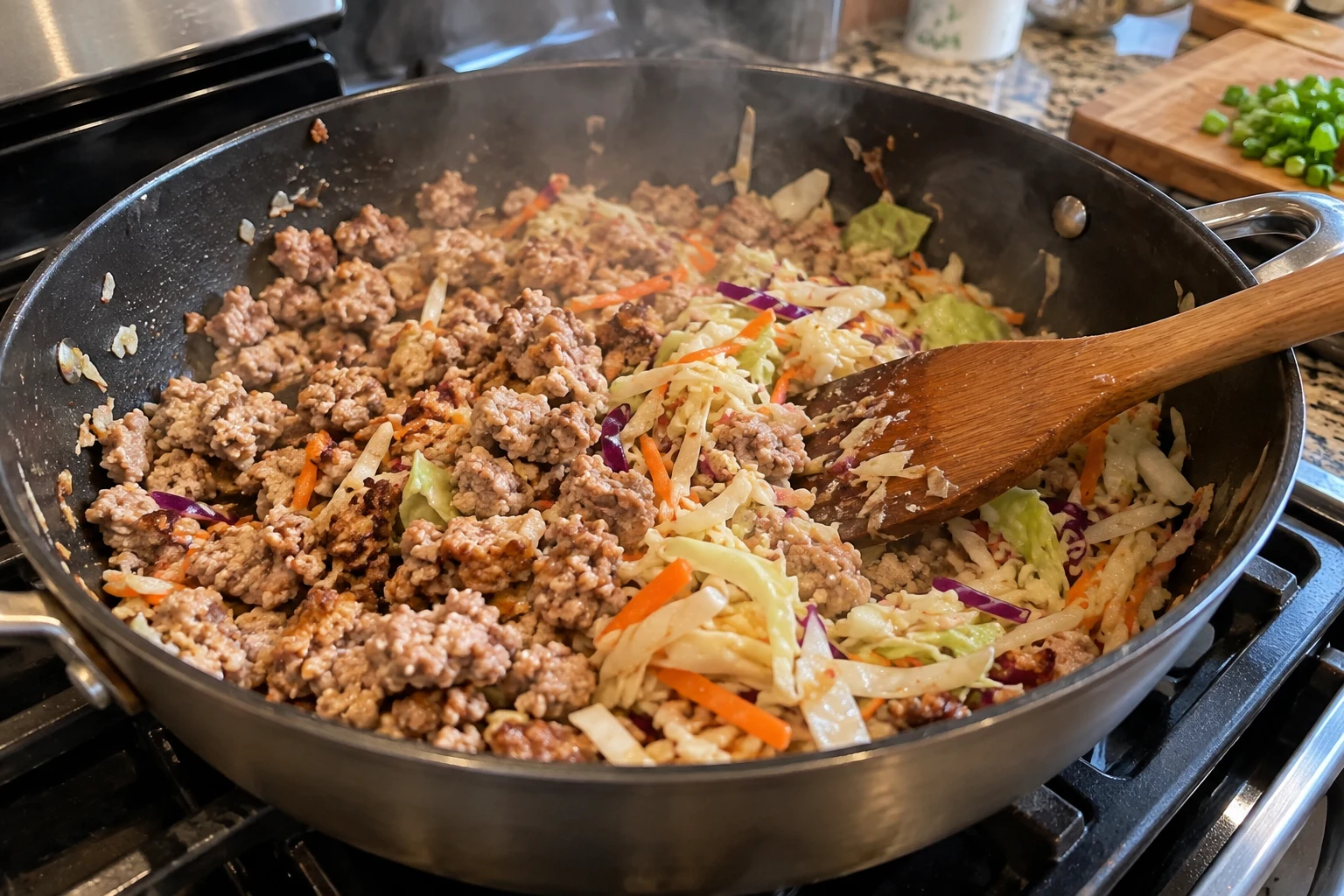Browning ground turkey and wilting cabbage in a skillet
