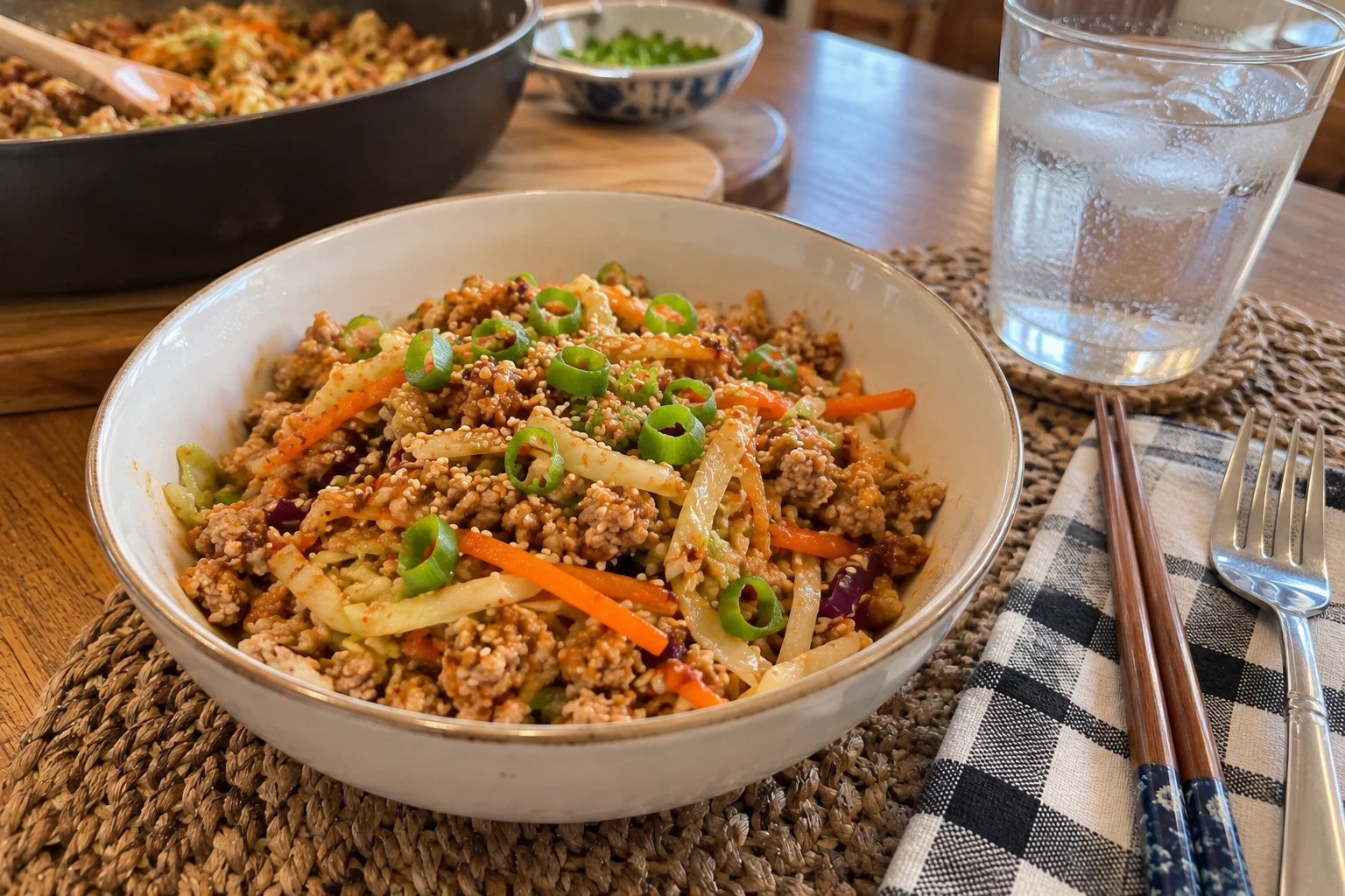 Serving bowl of egg roll in a bowl with ground turkey