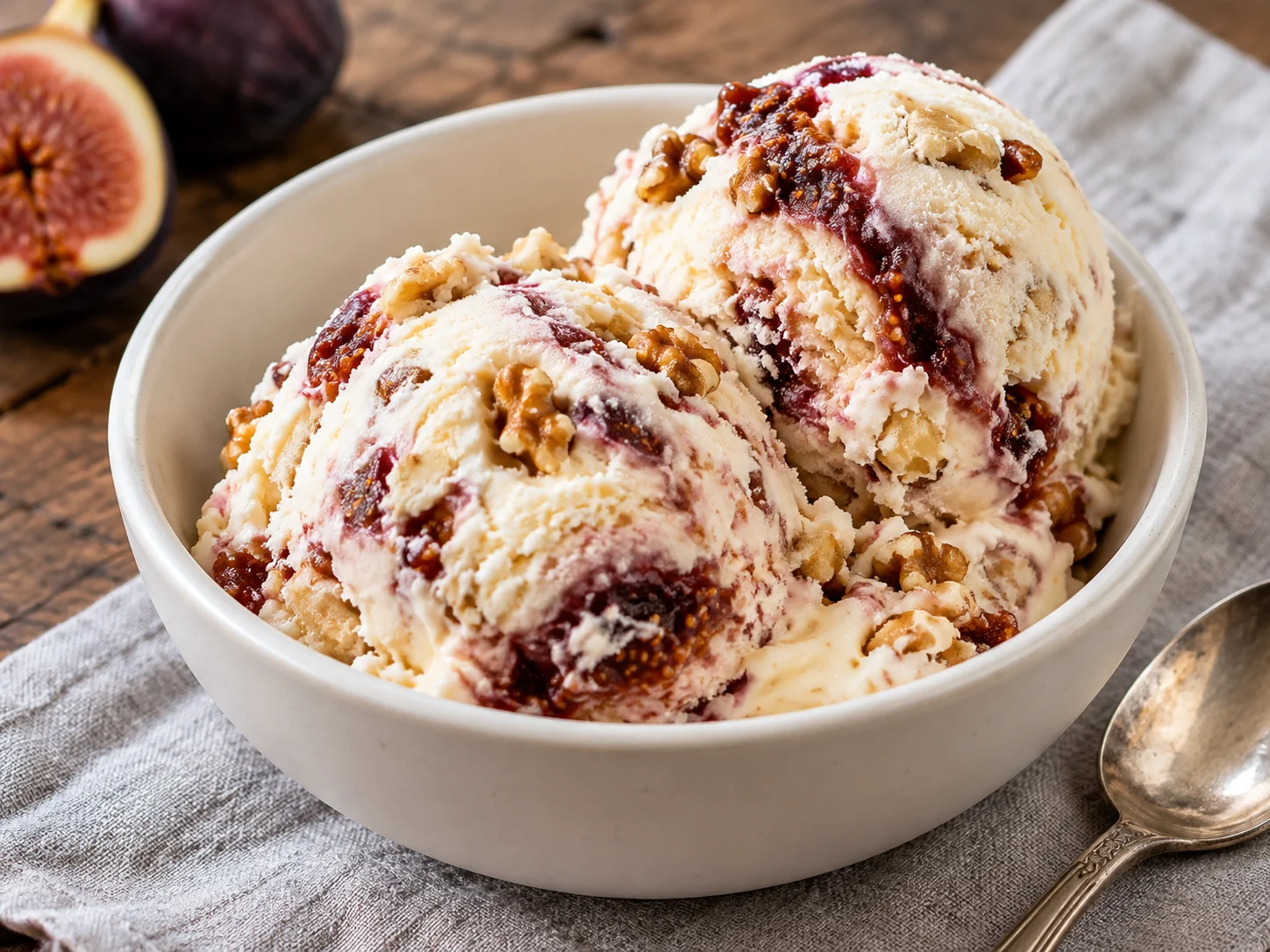 Two scoops of fig and walnut ice cream with visible jam swirls and toasted nuts in a ceramic bowl