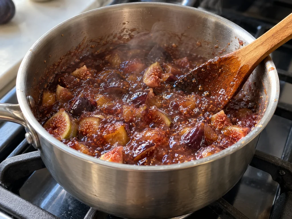 Chopped fresh figs simmering into thick jam in a stainless steel saucepan