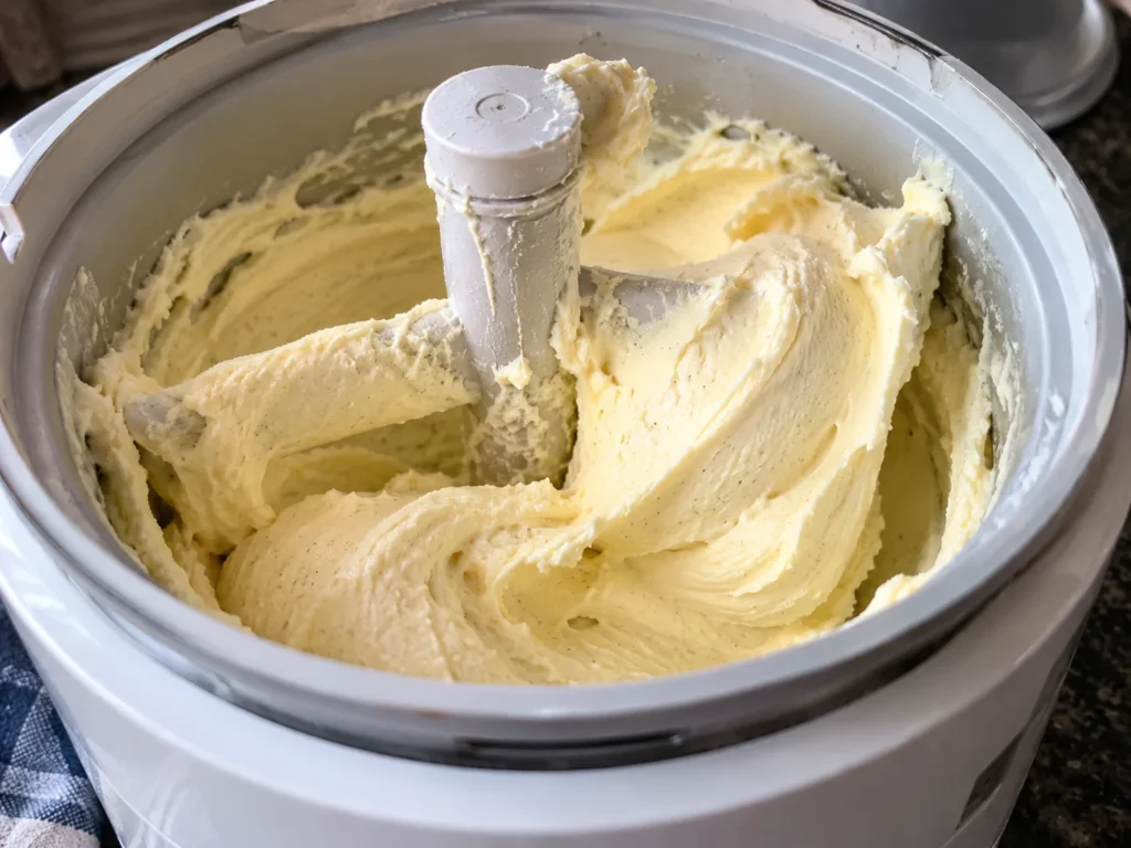Freshly churned soft-serve consistency vanilla ice cream inside an ice cream maker bowl