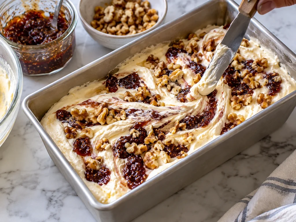Layering churned ice cream with fig jam ribbons and toasted walnuts in a metal loaf pan