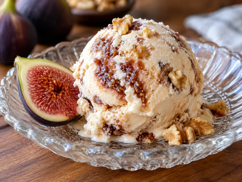 A single scoop of fig and walnut ice cream with visible jam swirls served with a fresh fig half
