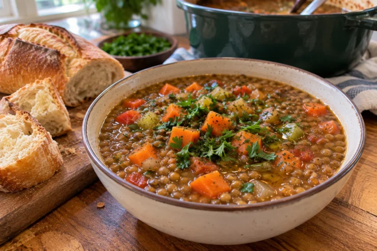 French Lentil Soup served in a bowl with crusty bread