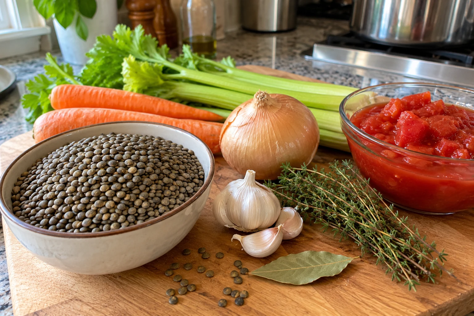 Ingredients for French lentil soup laid out on a kitchen counter