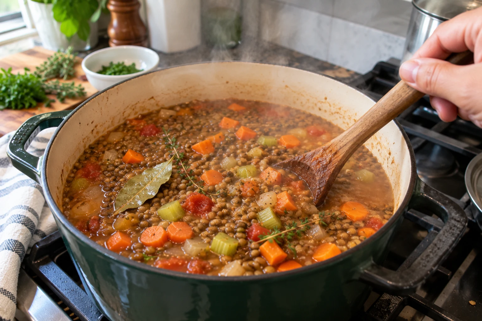 Stirring French lentil soup as it simmers in a pot