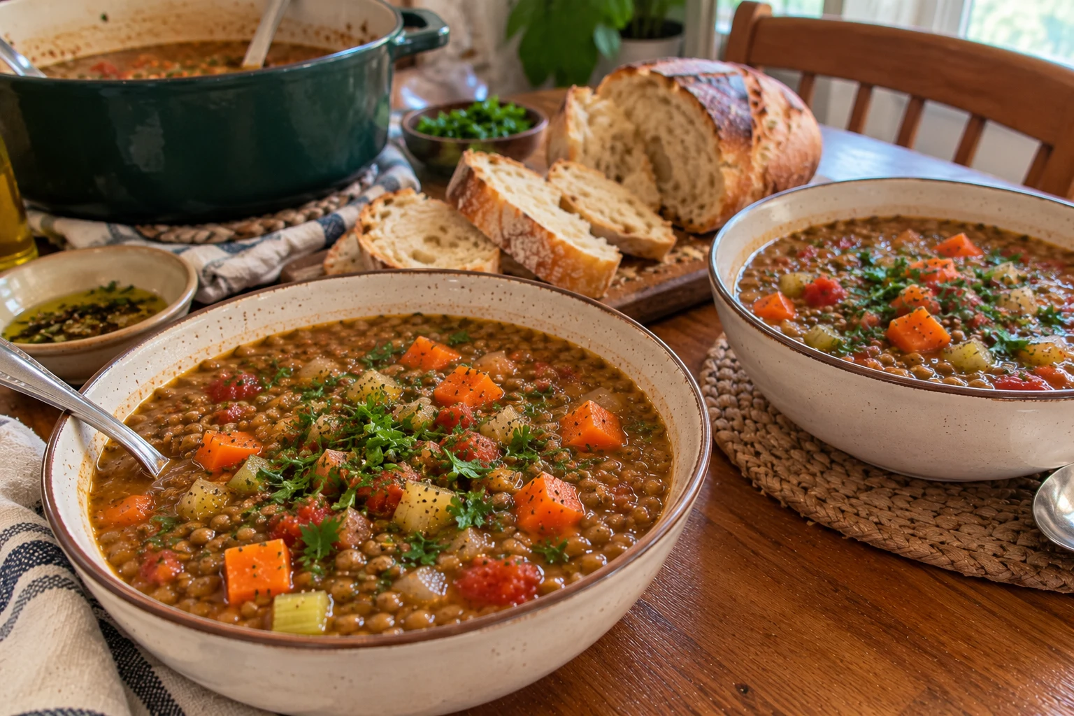 French lentil soup served in bowls with crusty bread