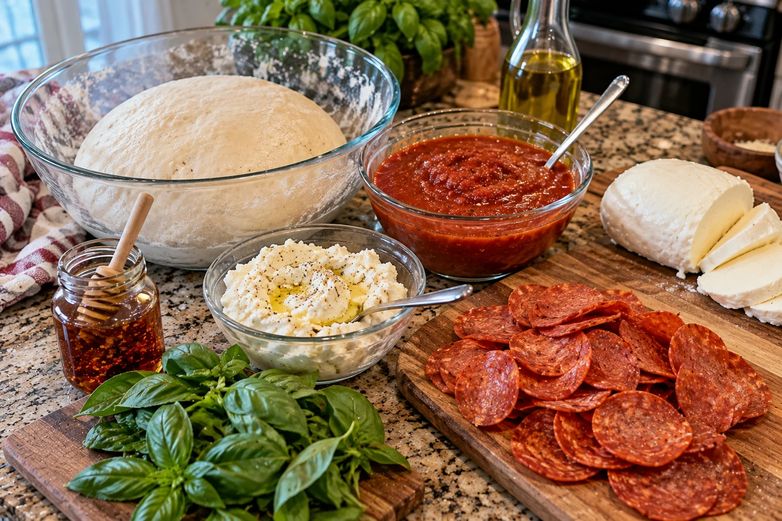 Ingredients for Hot Honey Pepperoni Ricotta Pizza arranged on a kitchen counter