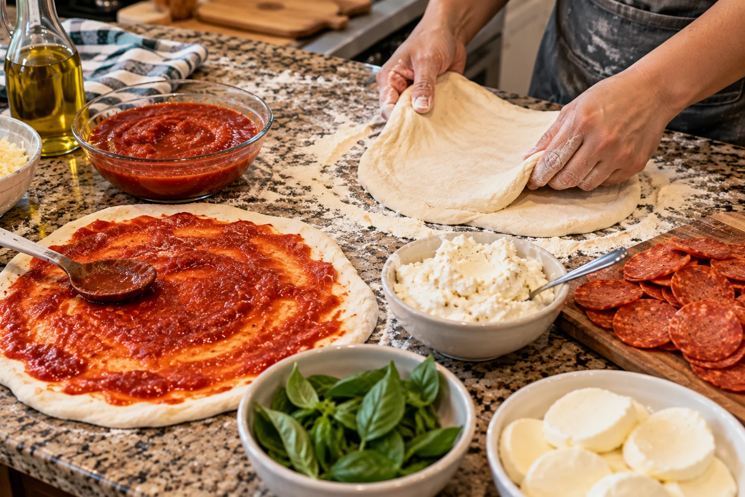 Hands stretching pizza dough on a floured counter before topping