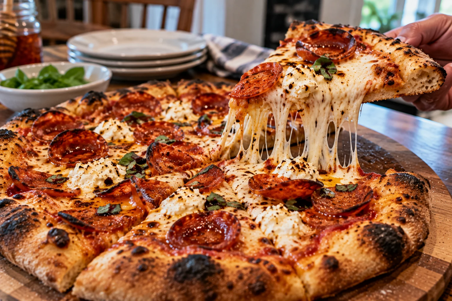 Slice of Hot Honey Pepperoni Ricotta Pizza being lifted, showing melted cheese pull