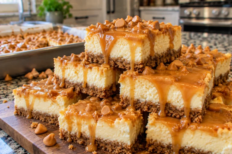 Golden butterbeer cheesecake bars drizzled with butterscotch on a serving platter