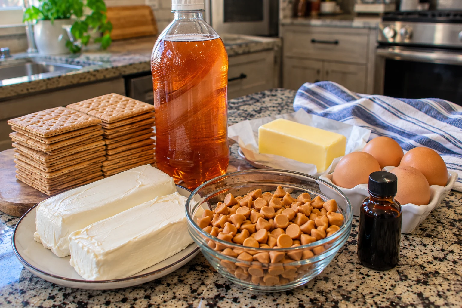 Ingredients for Hufflepuff butterbeer cheesecake bars laid out on a kitchen counter
