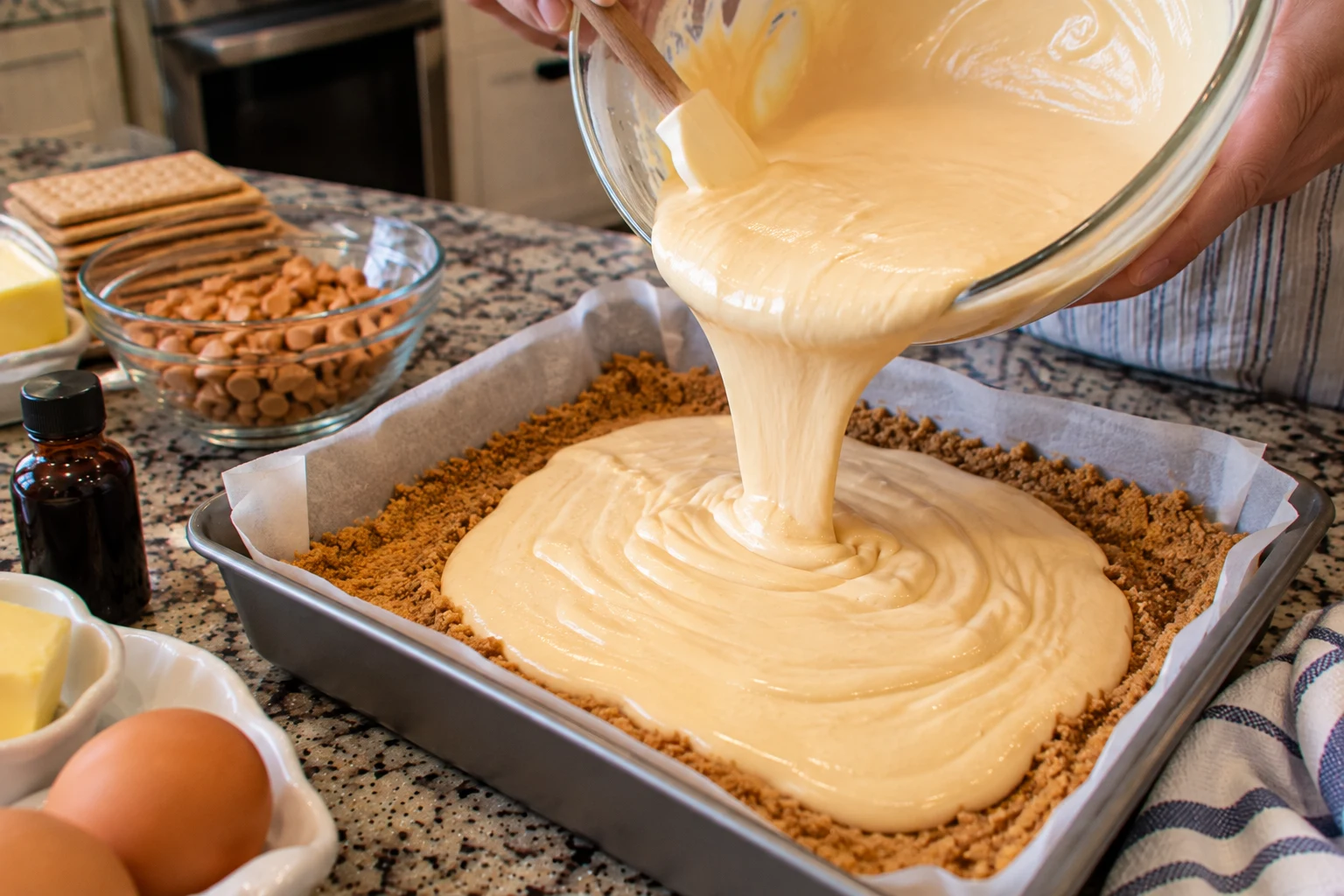 Pouring golden butterbeer cheesecake filling over a graham crust