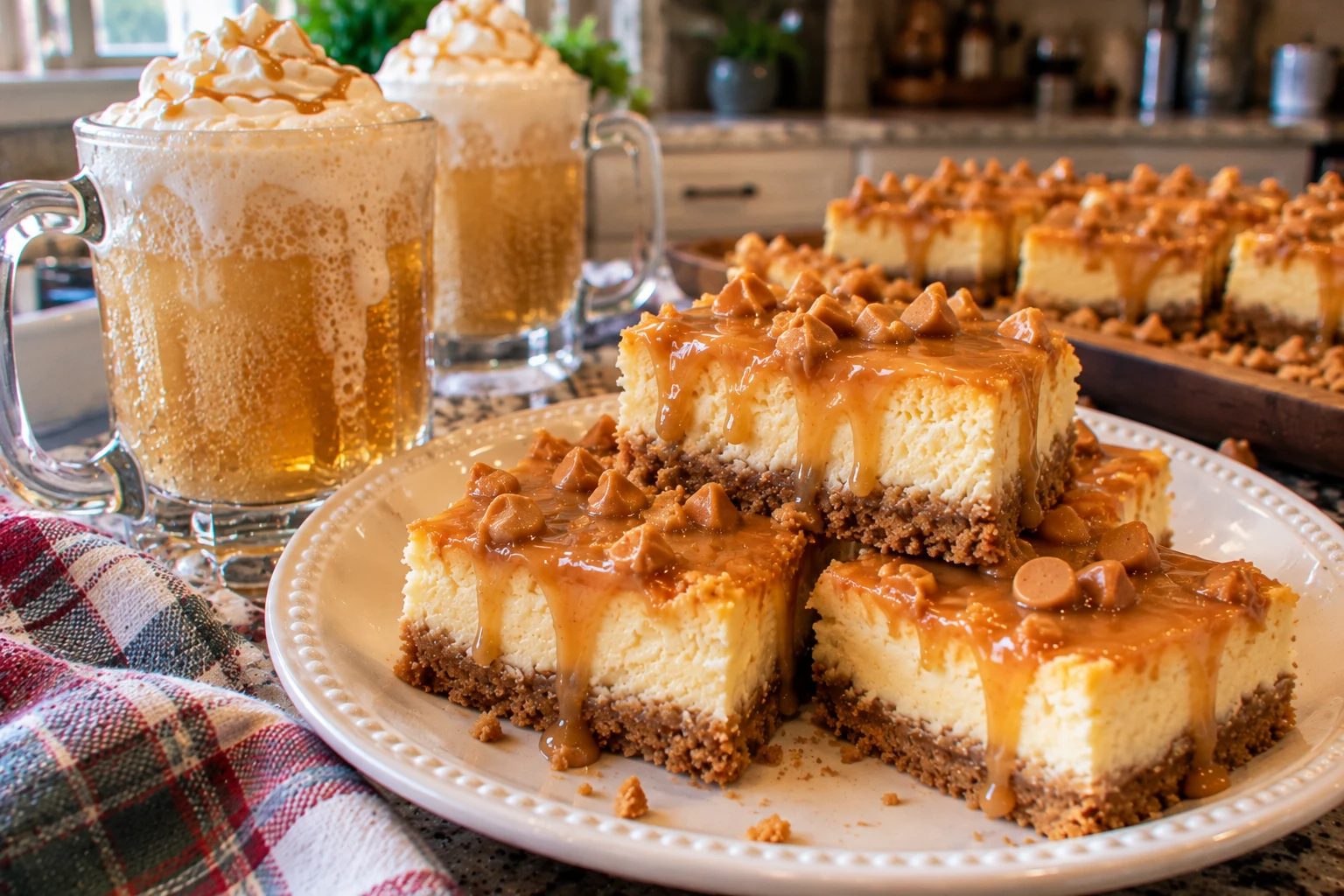 Butterbeer cheesecake bars served with whipped cream at a party table
