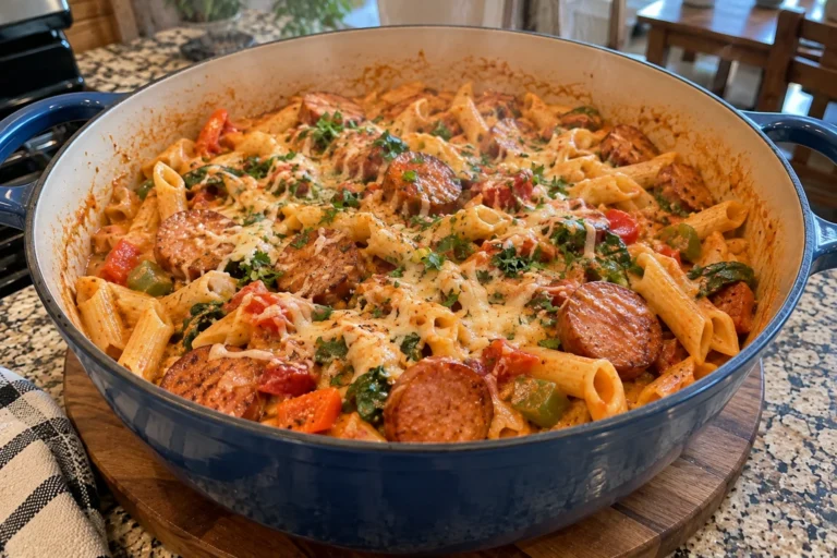 Finished One Pot Kielbasa Pasta in a pot