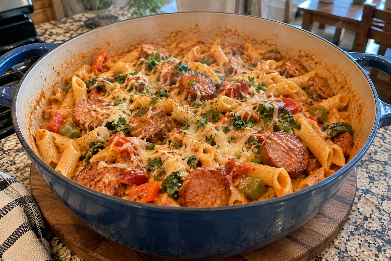 Finished One Pot Kielbasa Pasta in a pot