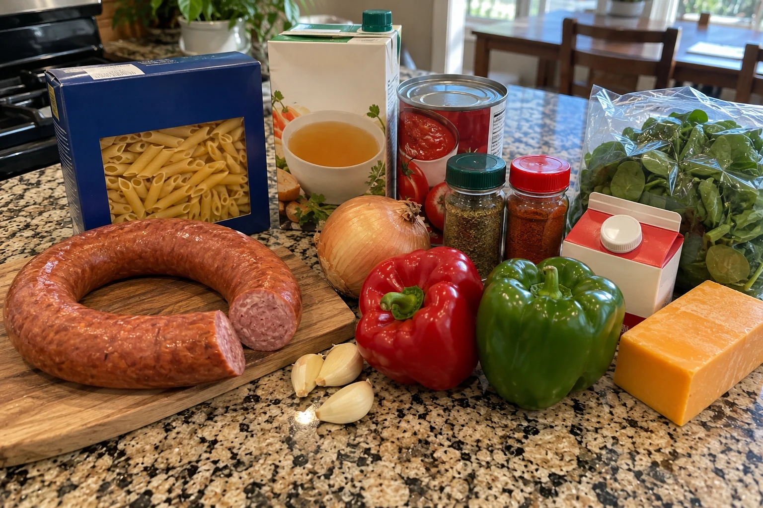 Ingredients for one pot kielbasa pasta
