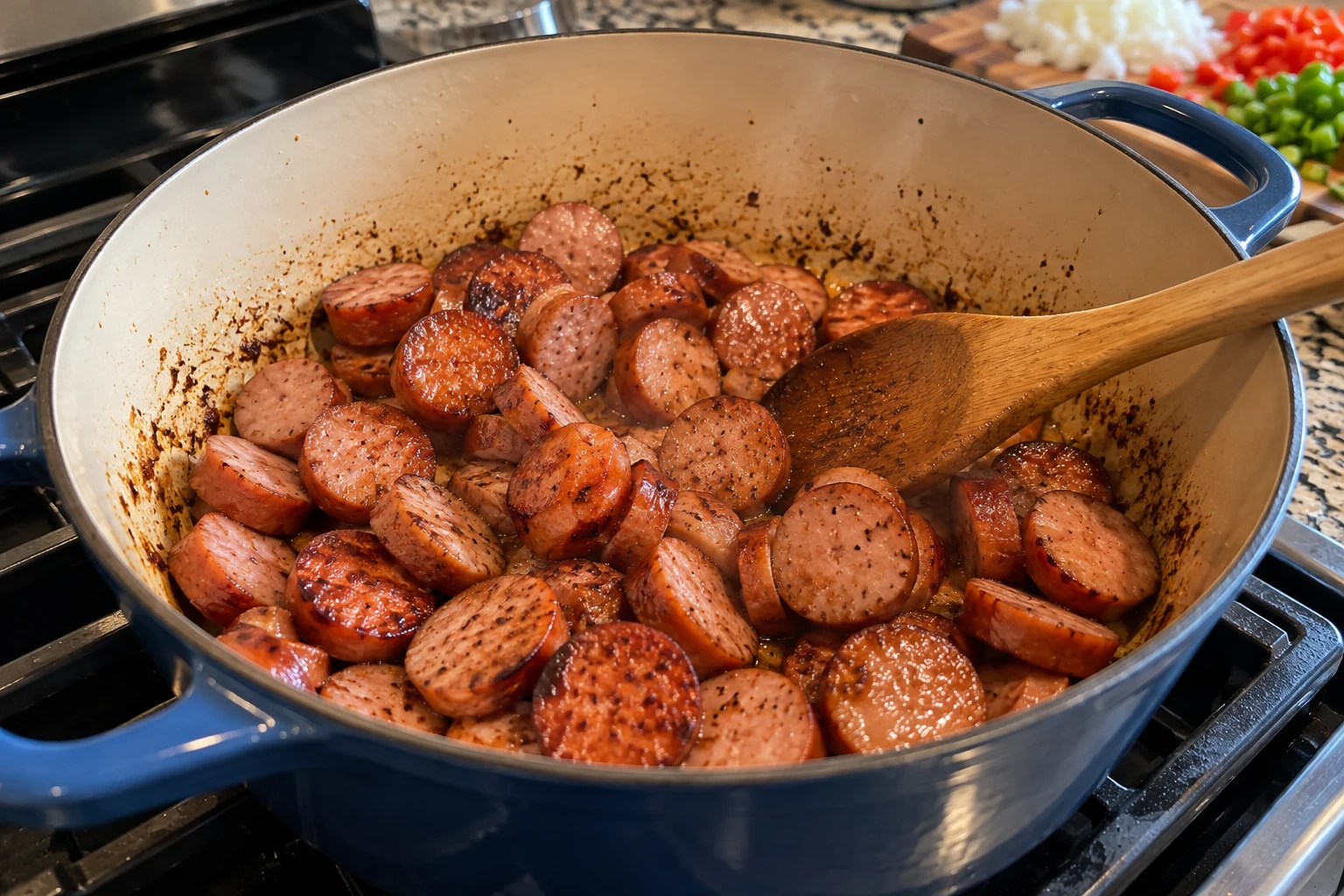 Browning kielbasa rounds in a pot with vegetables